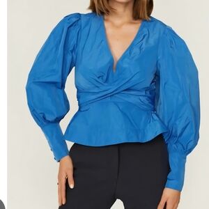 Veronica Beard Bluebell Blue Seema Twist Front Taffeta Blouse Size 6